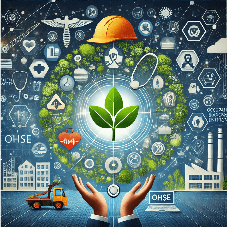 OHSE Illustration featuring hands holding a green leaf surrounded by symbols of OHSE, health, and environment. Icons of a hard hat, stethoscope, and microscope are seamlessly integrated with greenery, digital interfaces, and industrial elements to emphasize safety. SAFETY