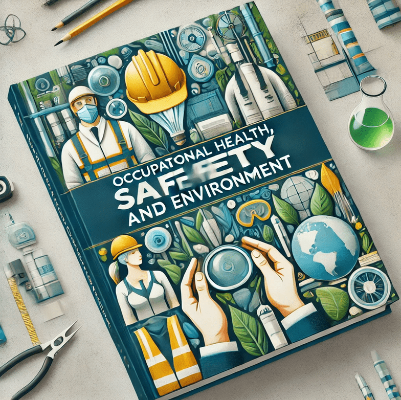 OHSE Illustrated book cover titled Occupational Health, Safety, and Environment (OHSE) featuring safety equipment, hard hats, gears, and green technology symbols. Tools and stationery are scattered around the book on a light background. SAFETY