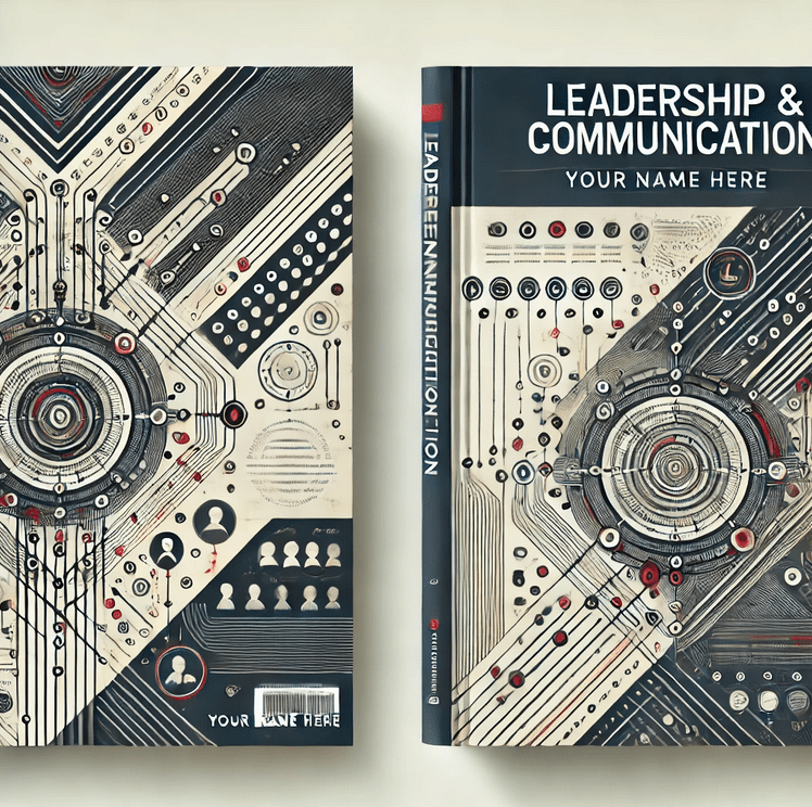 OHSE Cover of a book titled Leadership & Communication. It features abstract circuit patterns in black, red, and white over a beige background. The back cover has similar designs with icons of people and social connections, emphasizing the role of safety and OHSE in effective leadership. SAFETY