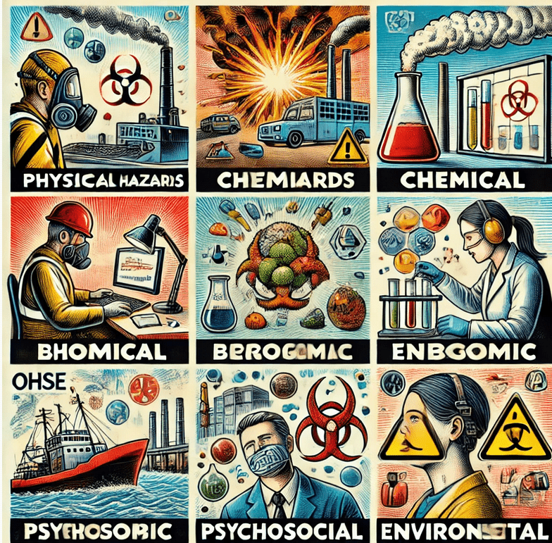 OHSE The illustration, divided into nine panels, offers exaggerated depictions of industrial and chemical hazards, highlighting OHSE risks such as chemical spills, explosions, and pollution. It includes visual motifs of factories, biohazard symbols, and safety gear to emphasize the importance of safety. SAFETY