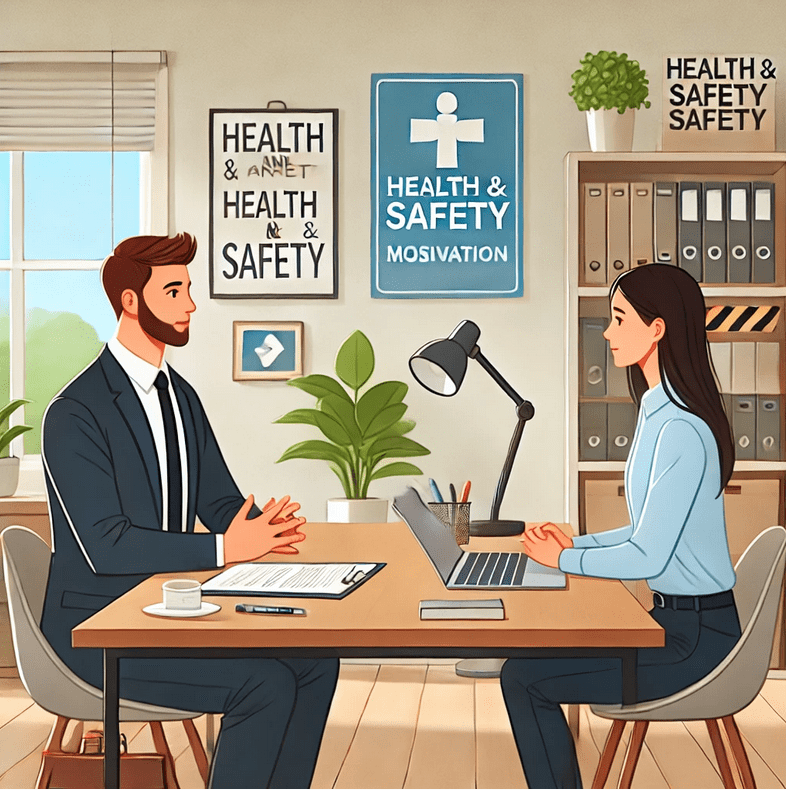 OHSE A man and woman sit at a desk in an office adorned with OHSE and safety posters. The man, dressed in a suit, gestures while speaking. The woman, in a blue shirt, types on a laptop. Potted plants and office supplies surround them. SAFETY