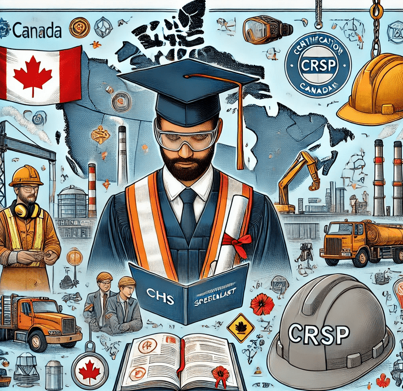 OHSE Illustration of a man in graduation attire holding an OHSE book, surrounded by the Canadian flag, industrial imagery, and safety equipment. The backdrop features a map of Canada, CRSP certifications, SAFETY symbols, and construction icons. SAFETY