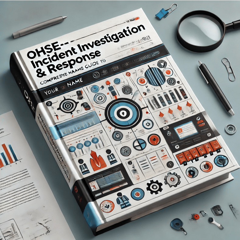 OHSE A book titled OHSE-Incident Investigation & Response is on a table surrounded by a magnifying glass, compass, pens, and paper clips. The cover features graphs, target symbols, and data analytics visuals in orange, blue, and black—perfect tools for ensuring safety in any environment. SAFETY