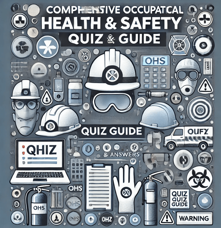 OHSE Illustration of an occupational health and safety theme. Includes safety gear like helmets, goggles, and gloves, with text reading Comprehensive OHSE Quiz & Guide. Various safety symbols and equipment are displayed throughout, emphasizing the importance of workplace safety. SAFETY