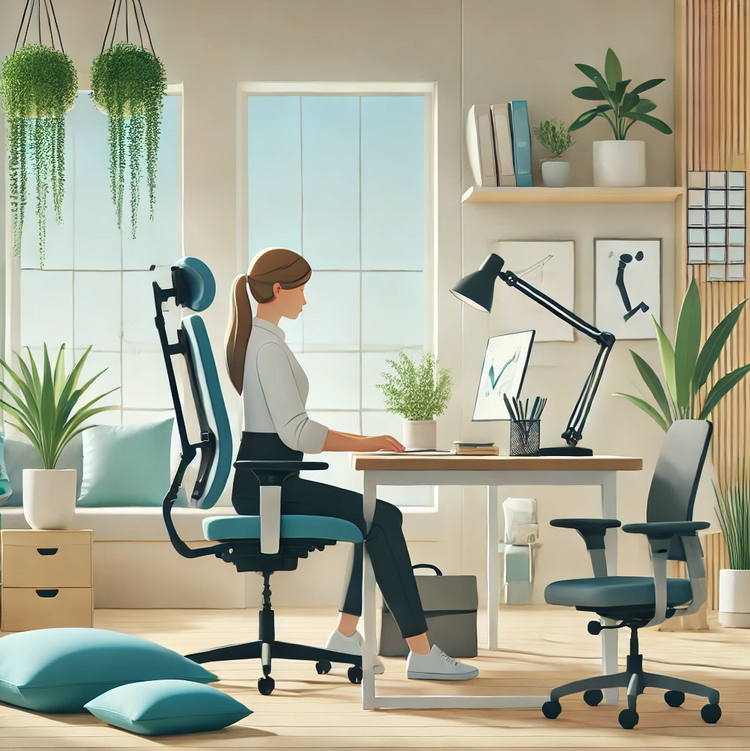 Workplace environment featuring an employee using ergonomic equipment, promoting wellness and managing chronic pain for better productivity.