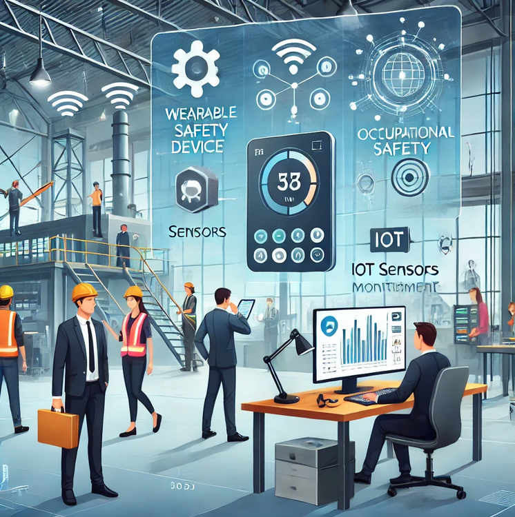 "Modern workplace showcasing technology in occupational safety, featuring employees using wearable safety devices, IoT sensors monitoring equipment, and a manager analyzing safety data on a digital dashboard."