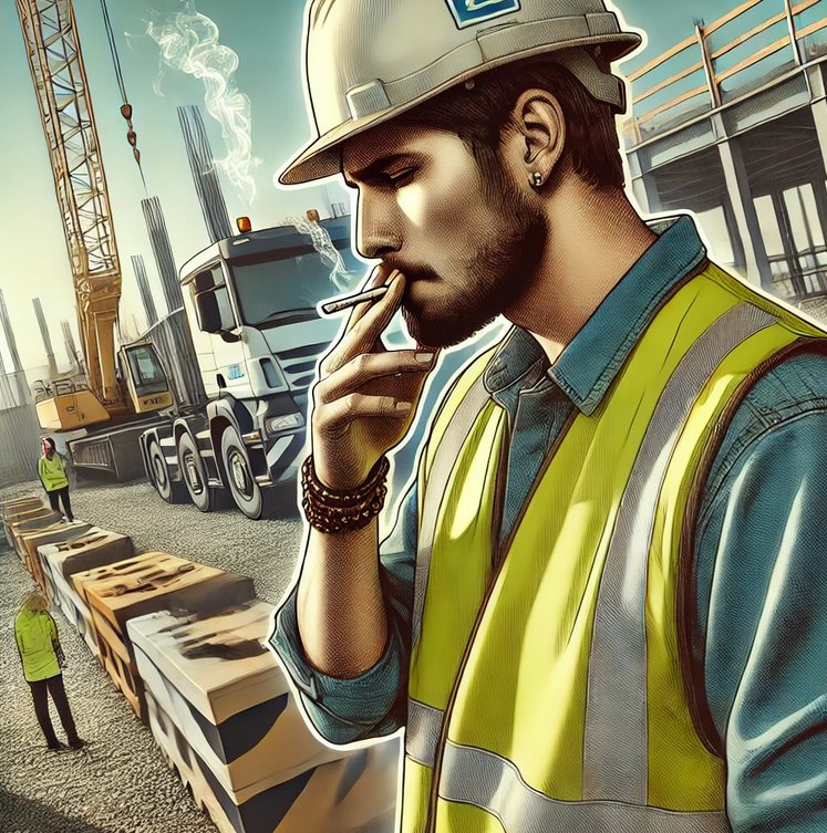 A construction worker smoking at a site, highlighting the smoking habit in breaks and the need for workplace smoking policies and designated smoking areas to promote employee wellness and workplace health.