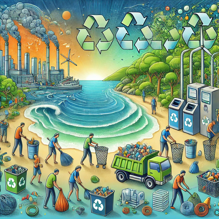 An illustration of innovative solutions to combat plastic waste pollution, highlighting recycling technologies, community cleanups, and biodegradable alternatives.