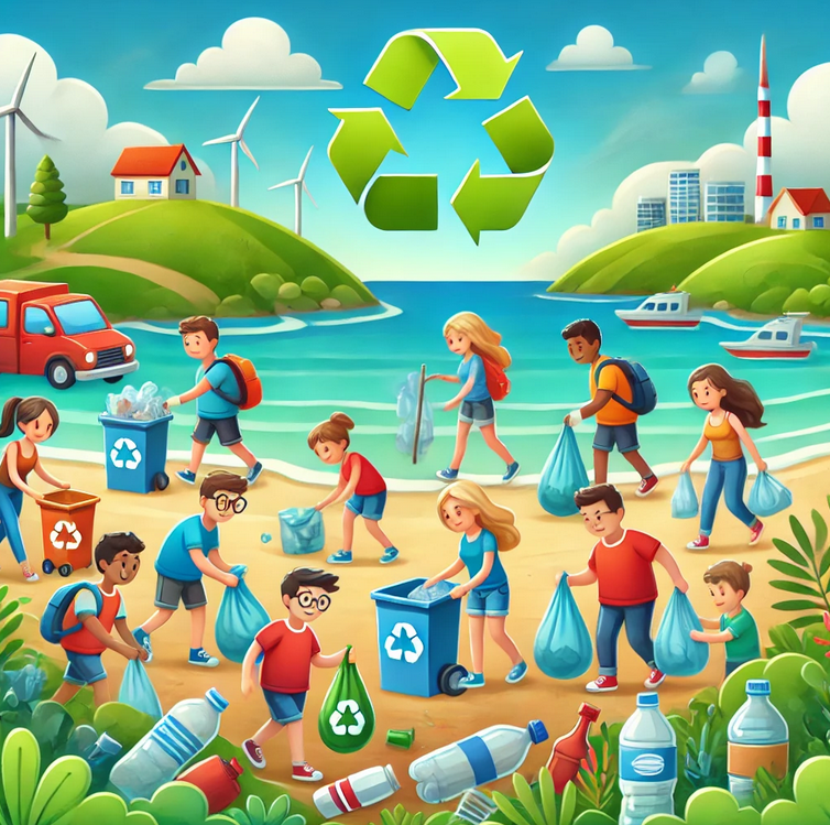 Cartoon-style illustration depicting a community effort to combat plastic waste pollution, emphasizing teamwork and sustainability in a vibrant setting. 