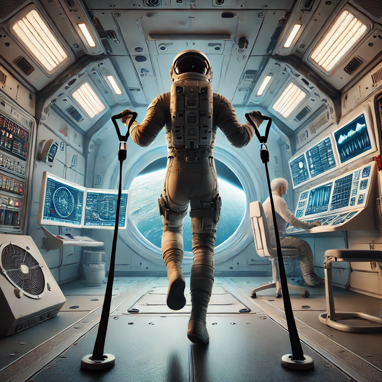 Astronaut exercising in microgravity using resistance equipment for health and safety in space.