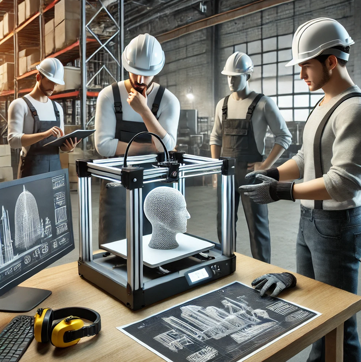 image illustrating workers in a modern industrial workspace, customizing safety gear using 3D printing technology.