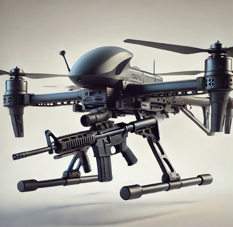 Drone equipped with a mounted weapon, designed to showcase advanced technology and tactical functionality.