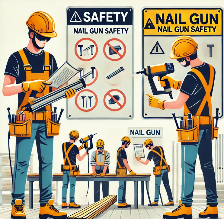 Workers demonstrating nail gun safety practices, including proper handling and protective gear, at a professional job site.