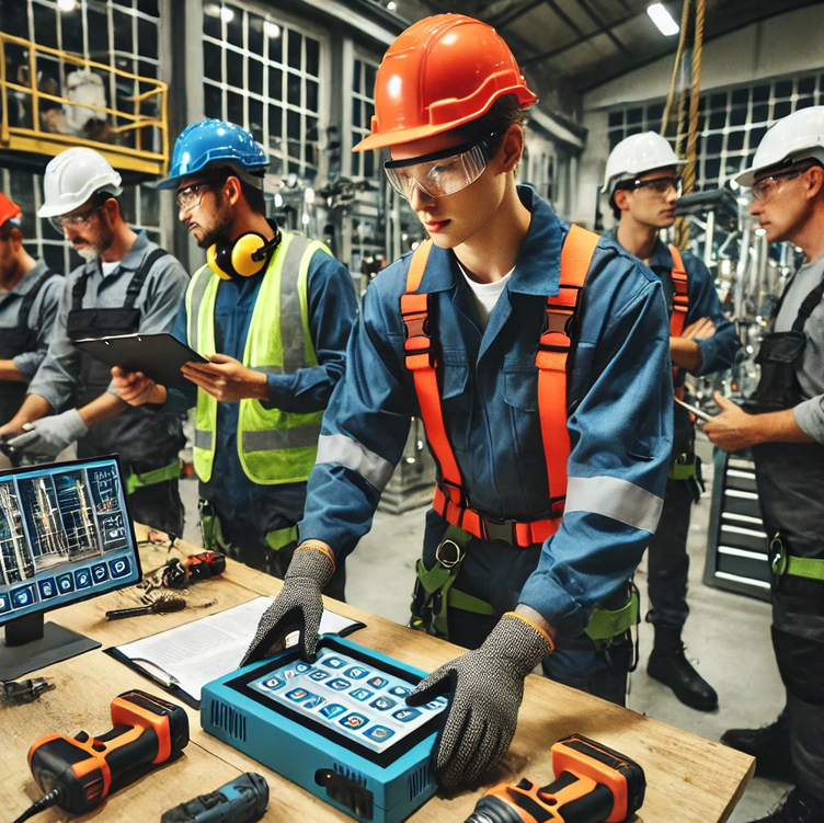 Workers participating in hands-on safety simulations in a modern workplace environment, wearing safety gear and using advanced tools.