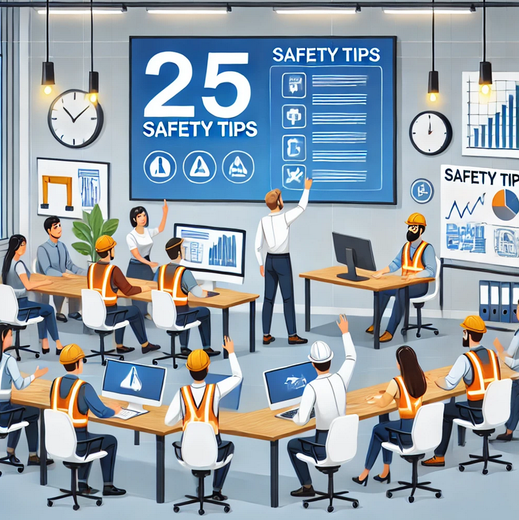 Modern training room with a workplace trainer presenting '25 Safety Tips' on a screen, engaging employees in interactive discussions during a safety training session.