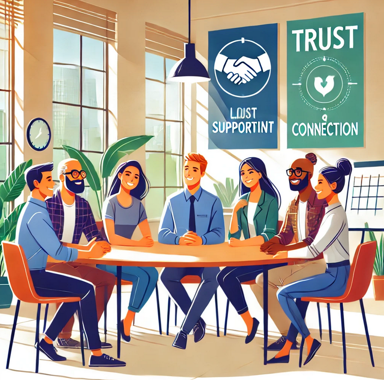 A diverse team in a modern office engaged in a collaborative discussion, showcasing trust, connection, and teamwork to boost morale and productivity.