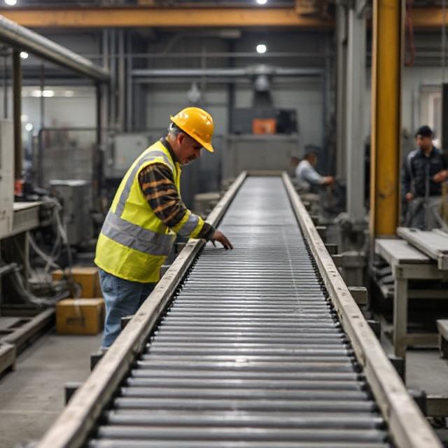 A worker operating an unguarded conveyor belt