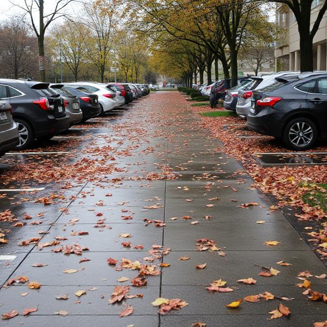 Parking lots and outdoor walkways covered with wet leaves.