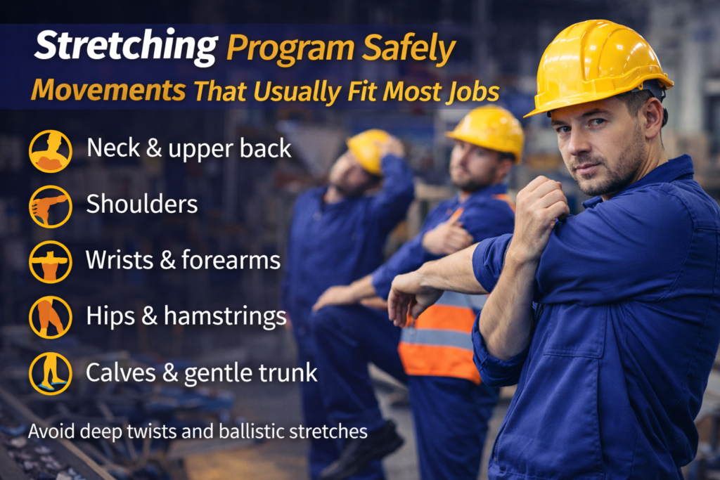 Stretching Program Safely: movements that usually fit most jobs