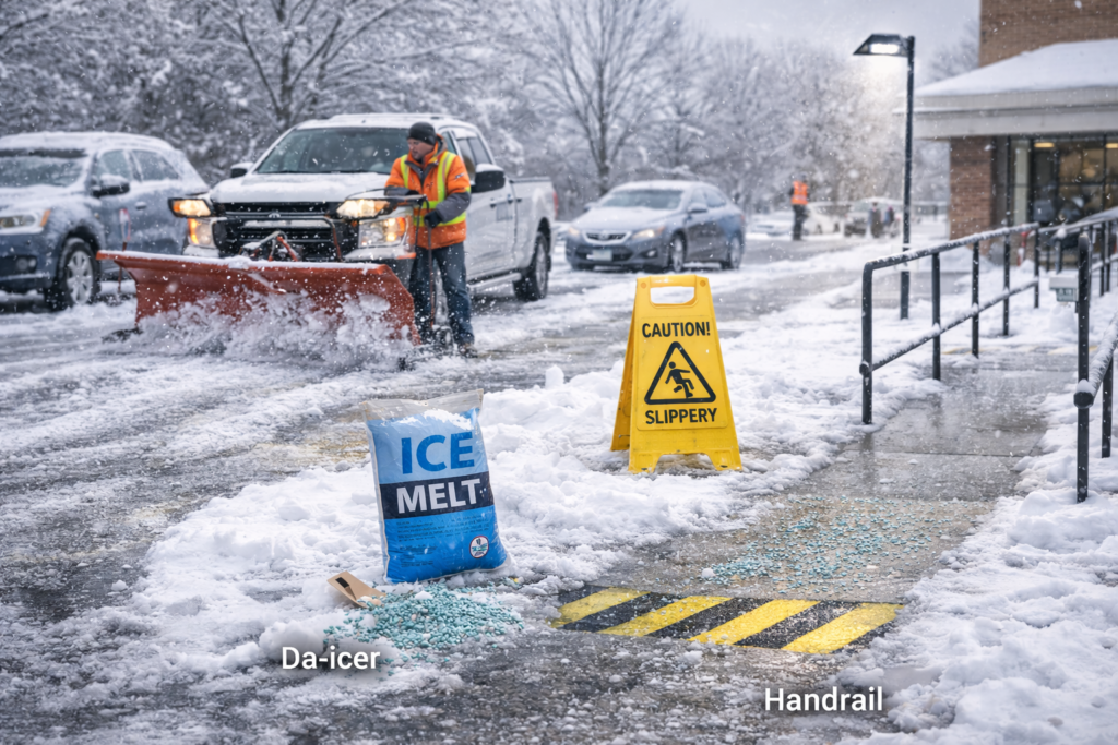 Control measures that actually reduce Slips, Trips, and Falls in Snow-Covered Parking Lots