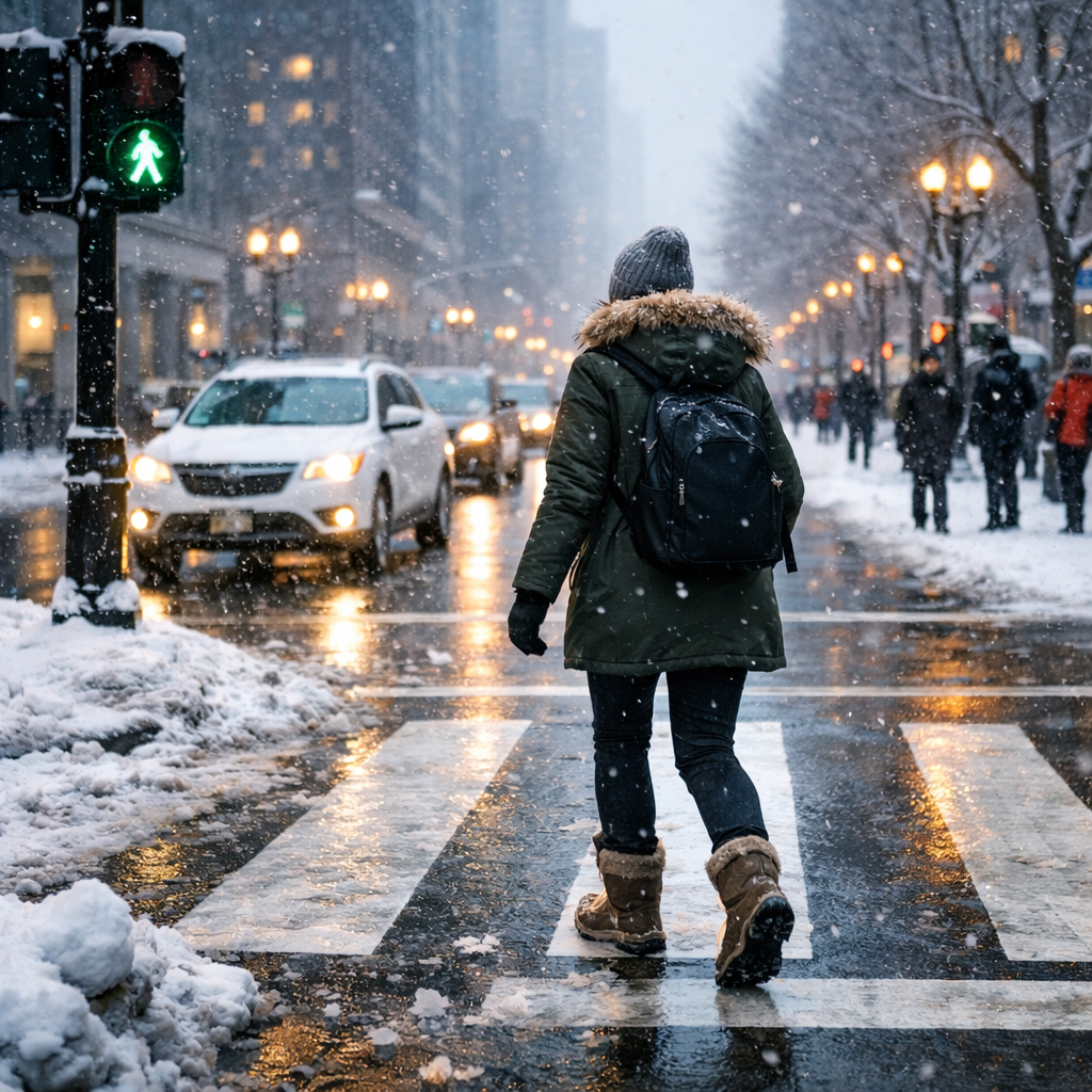crossing the street in winter