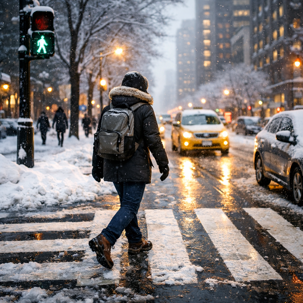crossing the street in winter