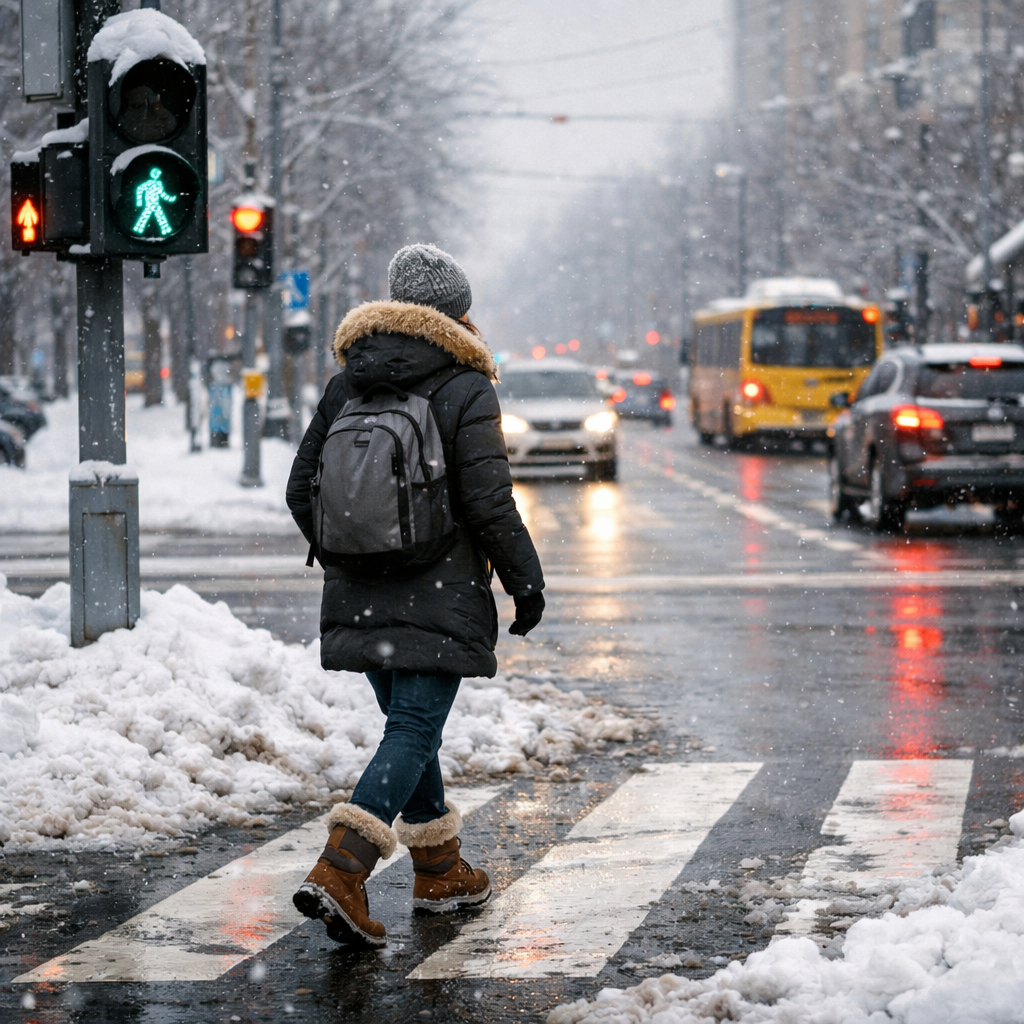 crossing the street in winter