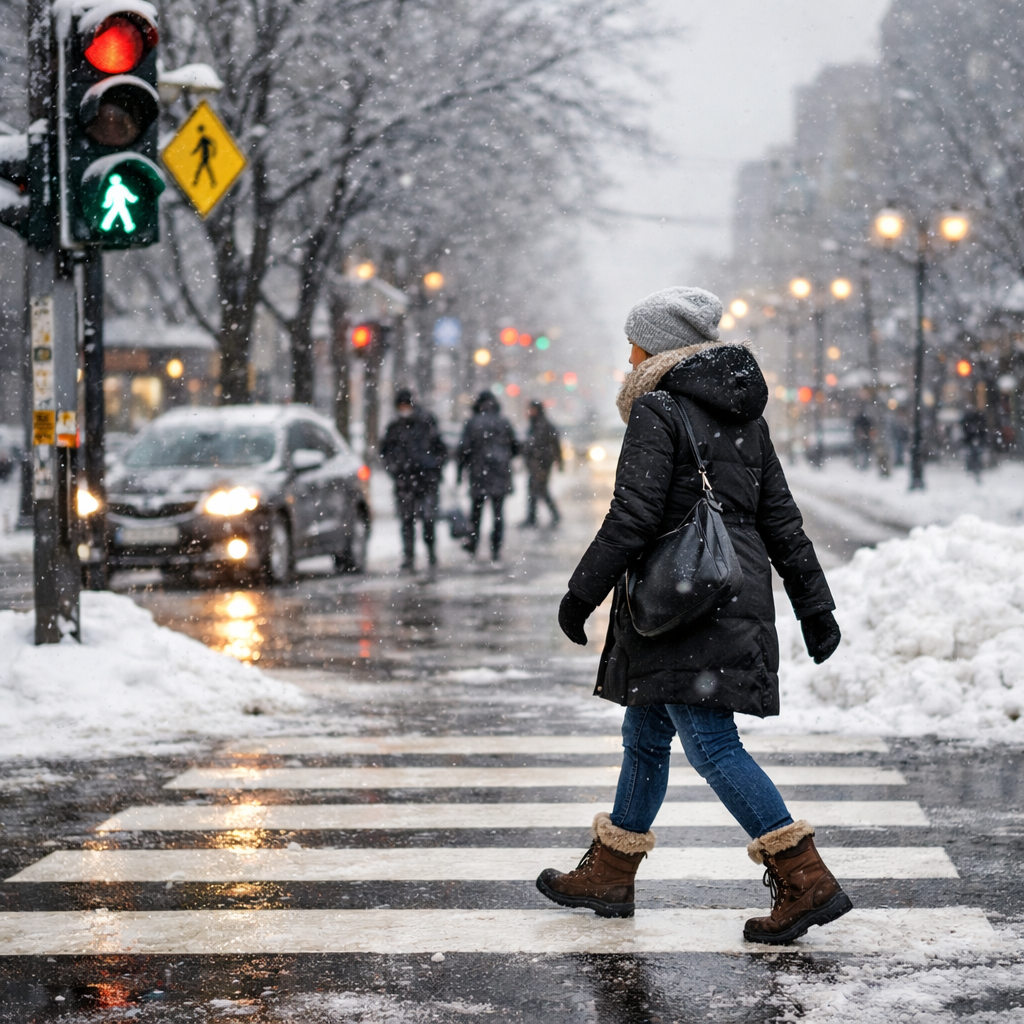 crossing the street in winter