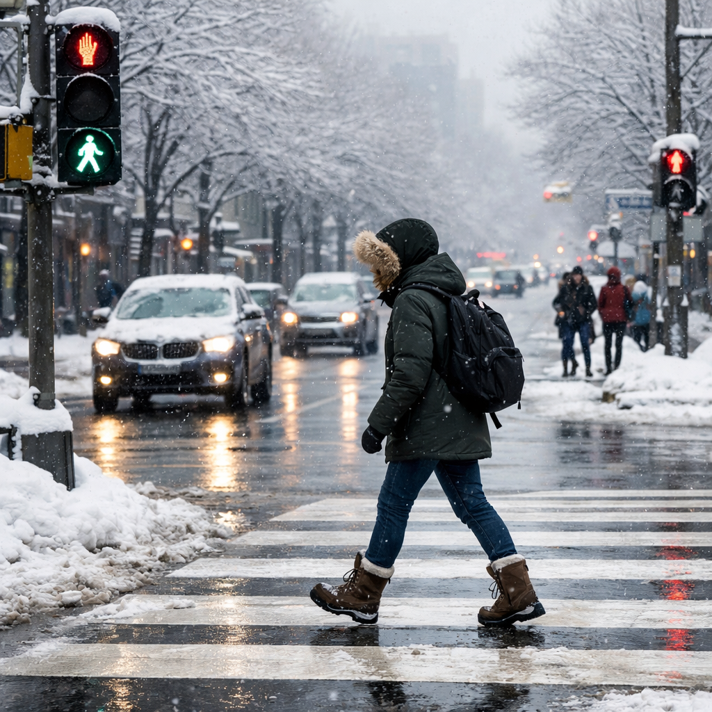 crossing the street in winter